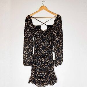 New All in Favor Black w/ Tan Polka Mini Ruched  Long Sleeve Dress in Small